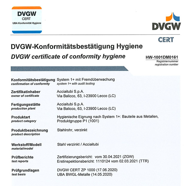 Certificate DIN-DVGW Welded Tubes